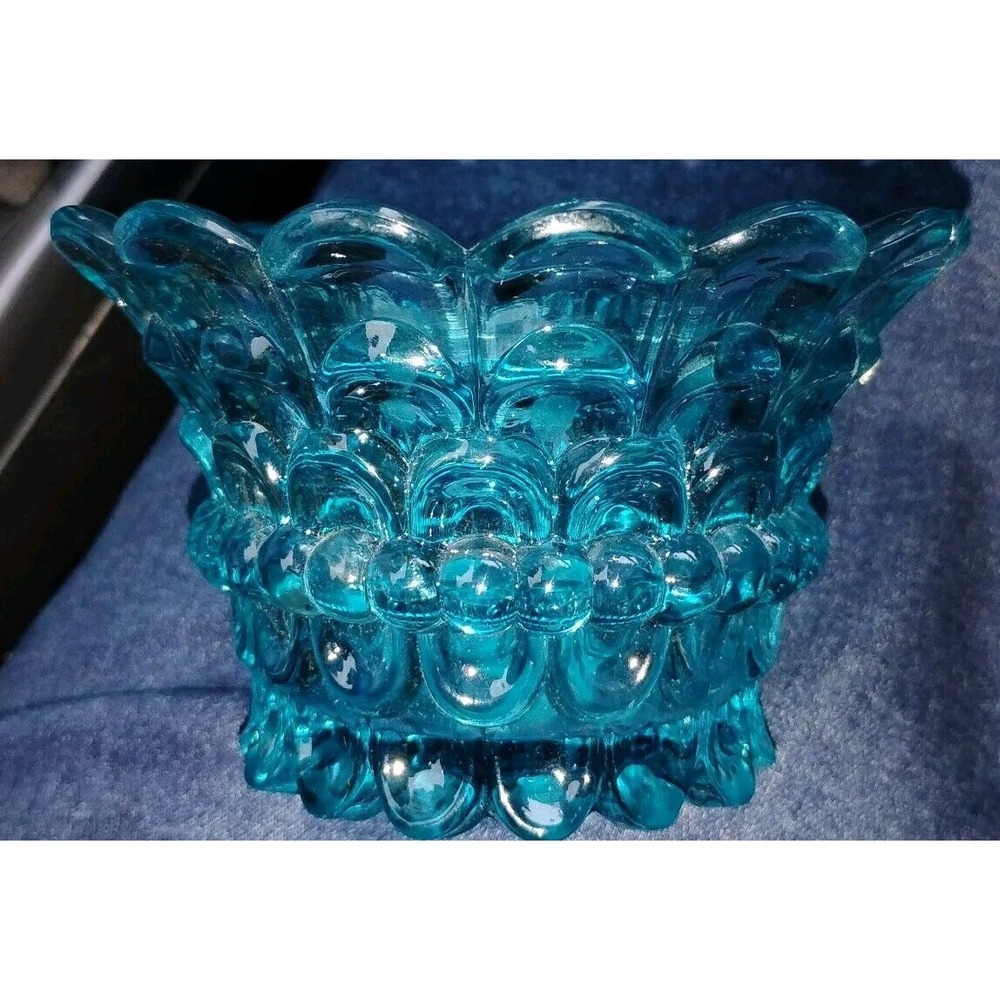 Votive Candleholder Glass Basket Shaped Peacock Blue Glass Beaded Scalloped